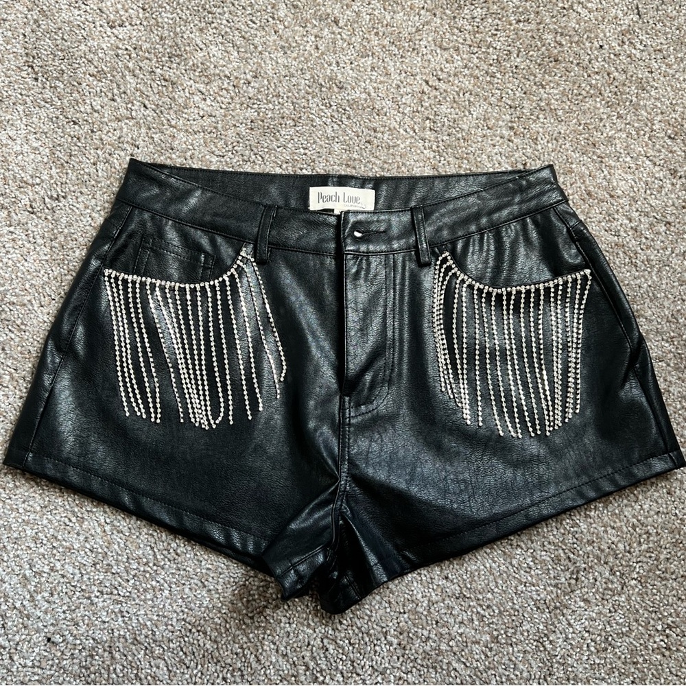Peach Love California Rhinestone Faux Leather Shorts